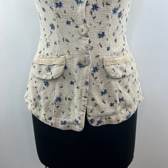KAZAK Beige Linen Cottage Core Floral Print Button Up Vest Pocket Top 8 RARE - Picture 4 of 10